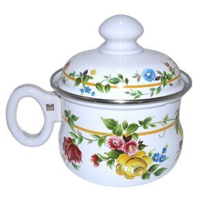 Vintage WIENER EMAIL 1.5 Qt pot with lid white with flowers enamel metal Austria